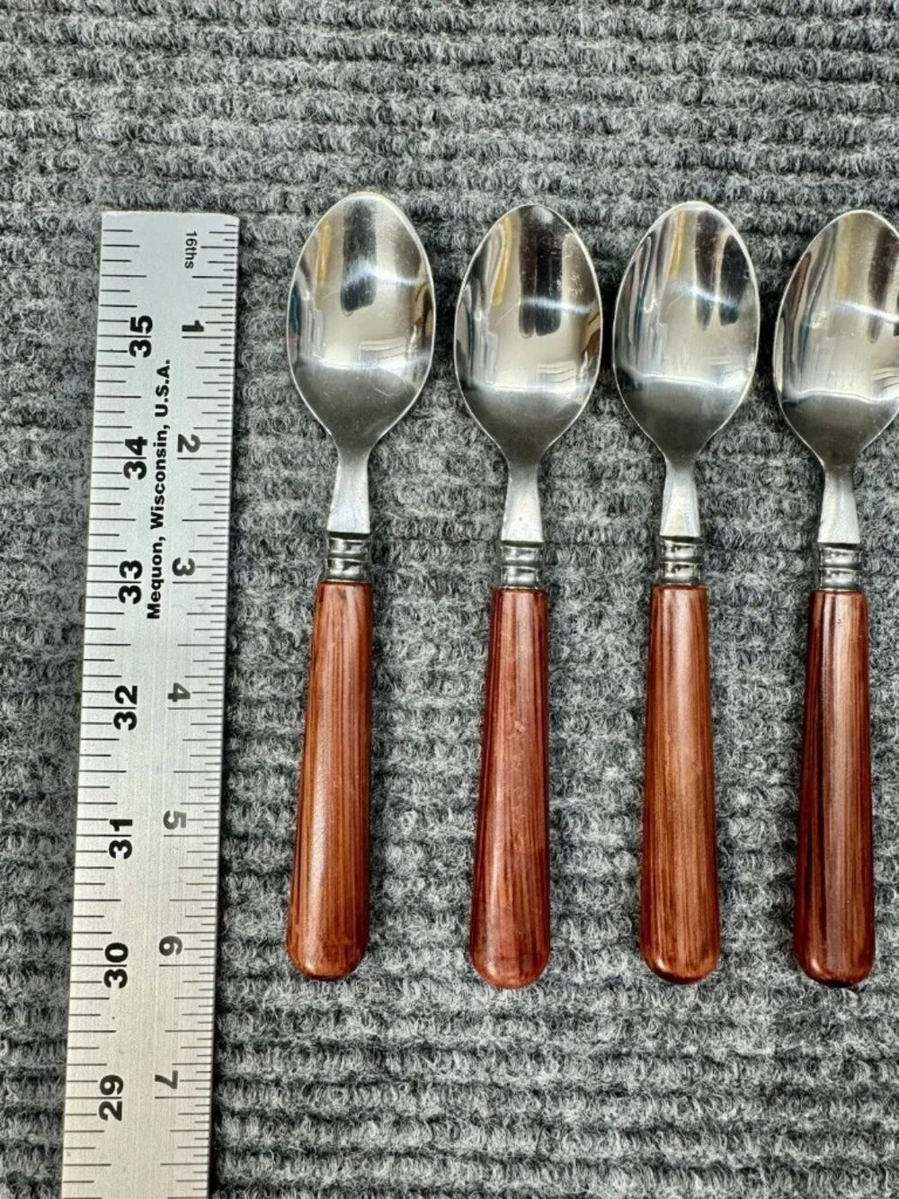 Faberware Silverware Lot Of 6 Spoons Teaspoon Faux Wood Brown Handle Vintage